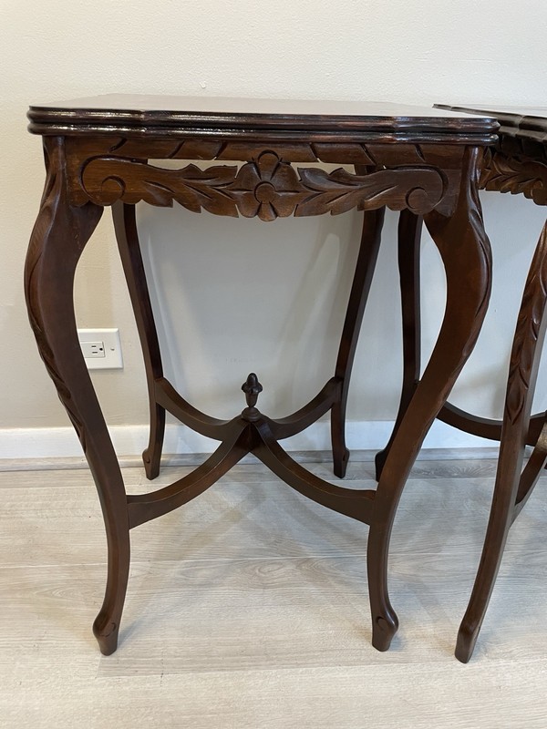 VTG Pair Italian Marquetry Inlaid Side End Tables Carved Wood Lamp Tables 1940s gallery