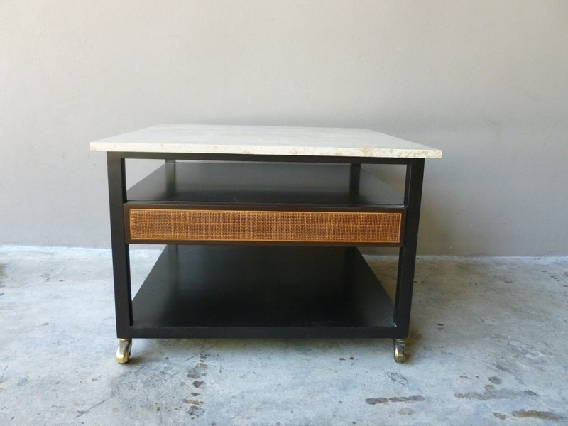 MID CENTURY MODERN HARVEY PROBBER ROSEWOOD AND TRAVERTINE MARBLE TABLE W DRAWER