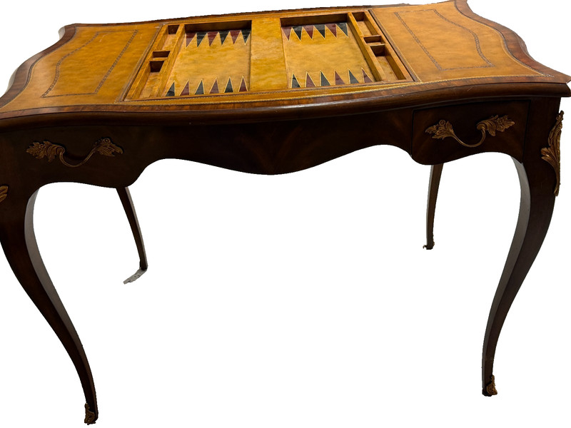 Maitland Smith Game Table Leather top, flip top chess or backgammon game insert gallery