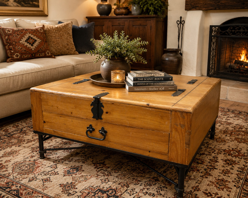Vintage Solid Wood Trunk Coffee Table 36″ Square Rustic Spanish Revival Storage
