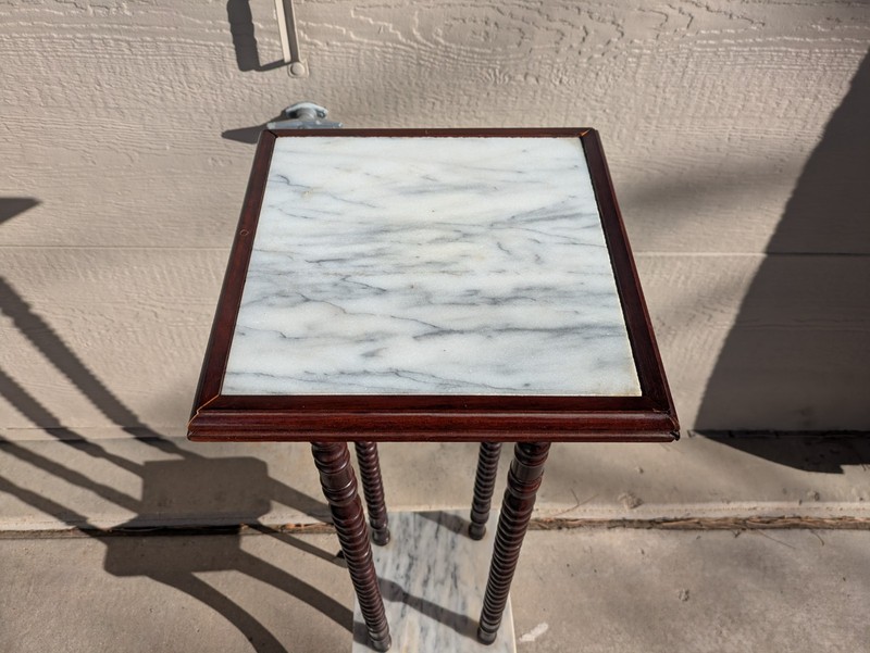 Vintage Marble Top 2-Tier Pedestal Table Bobbin Turned Wood Legs Victorian H63 gallery