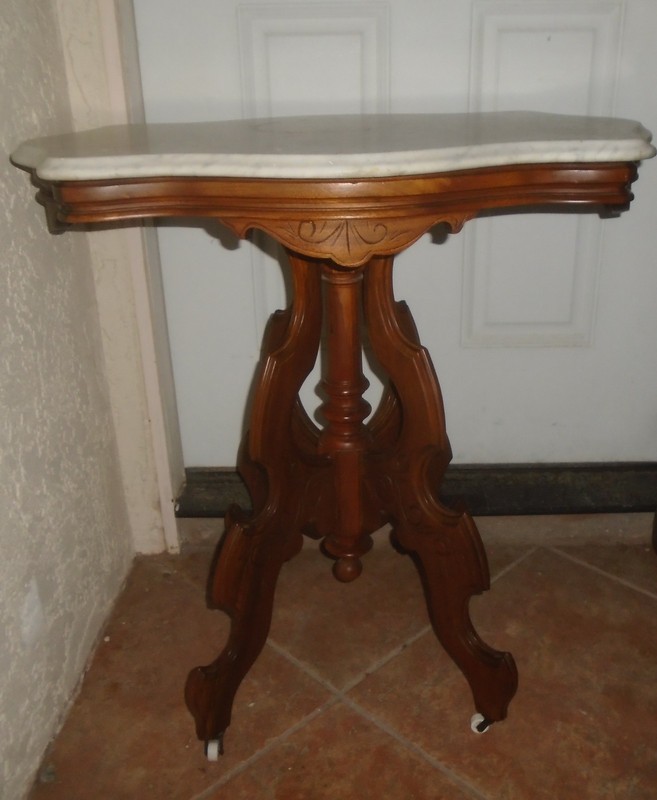 Antique Victorian Eastlake Large White Carrara Marble Top Walnut Carved