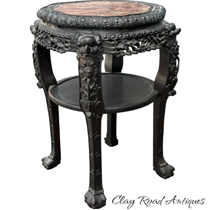 Antique large Chinese rosewood rose marble top stand center table carved 1880 gallery