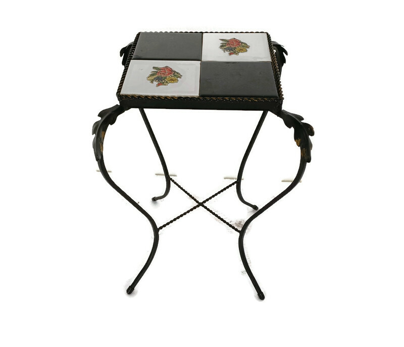 Retro Small Side Table Plant stand Mosaic tiles Checkered pattern Wrought Iron G