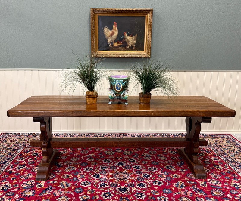 Antique French Country Farm Dining Table Farmhouse Trestle Base Oak 87″W