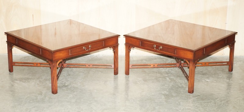 PAIR OF FLAMED MAHOGANY THOMAS CHIPPENDALE STYLE HUGE SIDE END OR COFFEE TABLES gallery