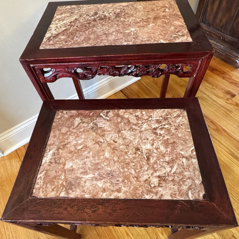 Vintage Rosewood Chinoiserie Nesting Tables Set of 4 Marble Top Carved gallery