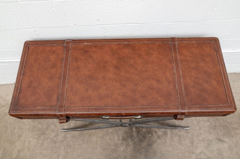 Vintage Leather Luggage Form Accent Table With Spayed Iron Base gallery