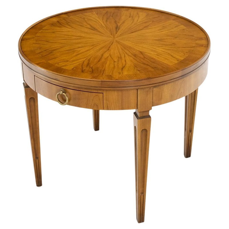 Baker Walnut Round Sunburst Pattern Gallery Top Drawer Side Lamp Table Stand