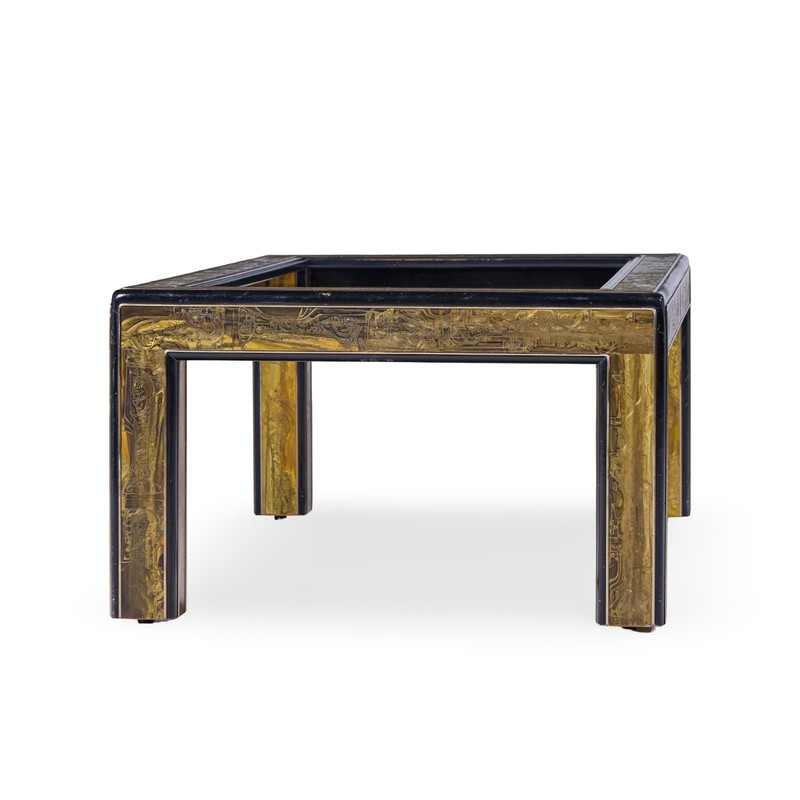 Bernhard Rohne Mid Century Acid Etched Brass and Glass Coffee Table gallery