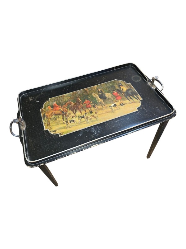 Antique Scheibe Fox Hunt Folding Tray Table Hunting Scene 1920s Handles Latches