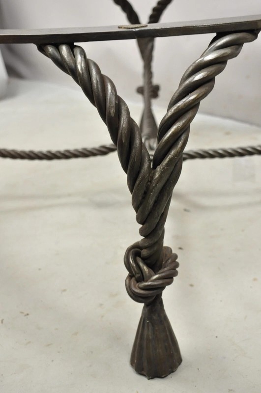 Italian Hollywood Regency Steel Knotted Rope and Tassel Round Glass Coffee Table gallery