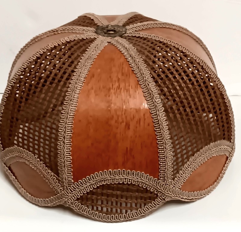 MCM Solid Oak 15.5" Base Lamp & Boho Rattan Faux Oak Panel 10" Lampshade Vtg gallery