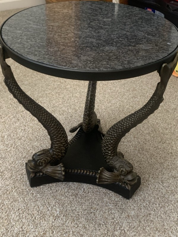Victorian Style Round Side Table Stone Top Brass Fish Legs Carved Metal