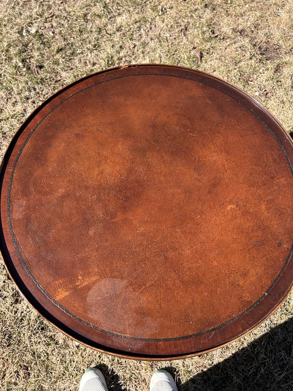 Art Deco Mahogany Round Side Table Leather Top Inlay Occasional Vintage gallery