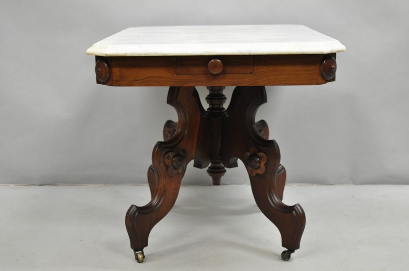 Antique Eastlake Victorian Small Marble Top Pedestal Base Coffee Table w/ Drawer gallery