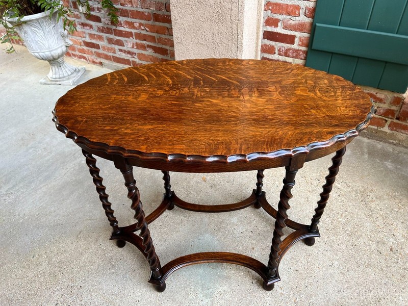 Antique English OVAL Side Center Table BARLEY TWIST Tiger Oak Jacobean c1920 gallery