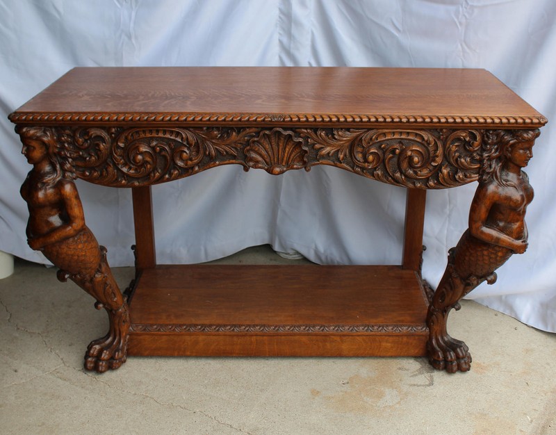 Antique Quarter Sawn Oak Console Table Carved Mermaids