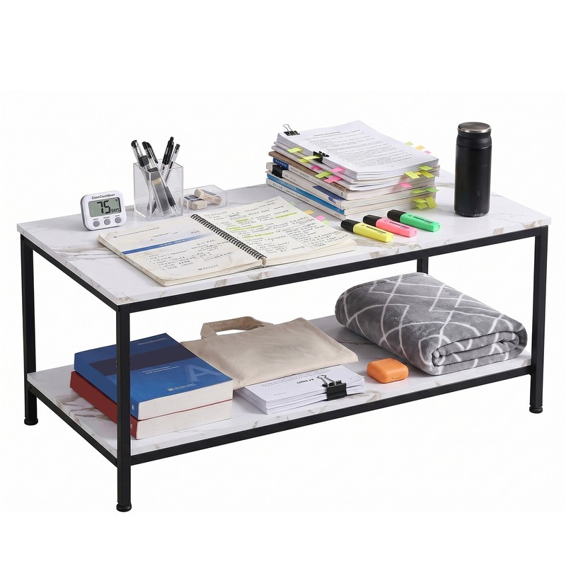 39.4" 2-Tier Coffee Table with Storage Shelve Industrial White Wood Coffee Table gallery