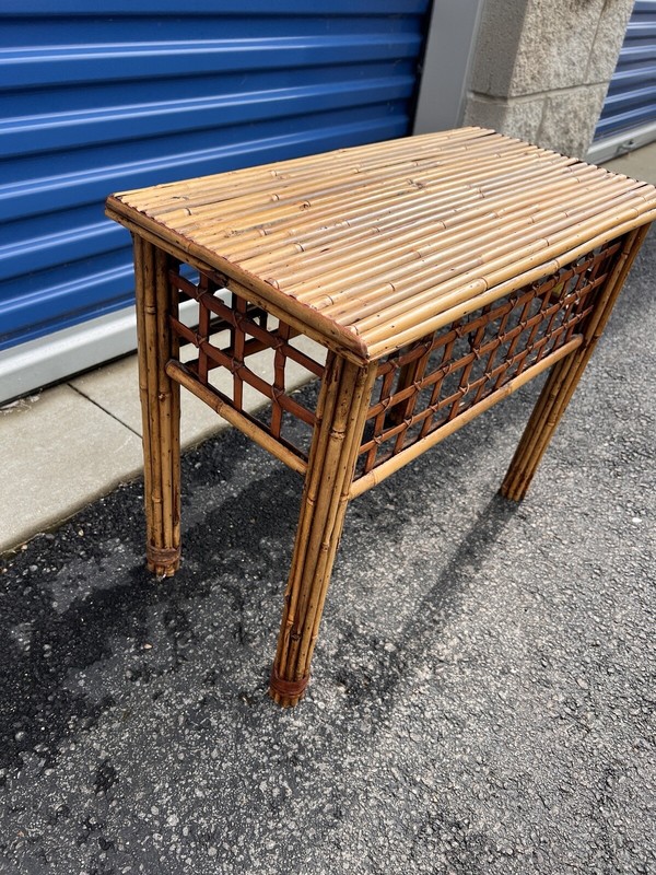 1970s Vintage Mcm Bamboo Side End Table Trellis Design Patio Table gallery
