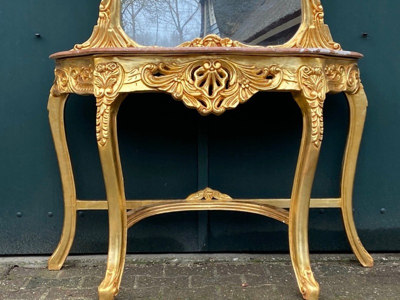 Console with Mirror Set Louis XVI Style Gold Leaf Pink Marble Vintage gallery