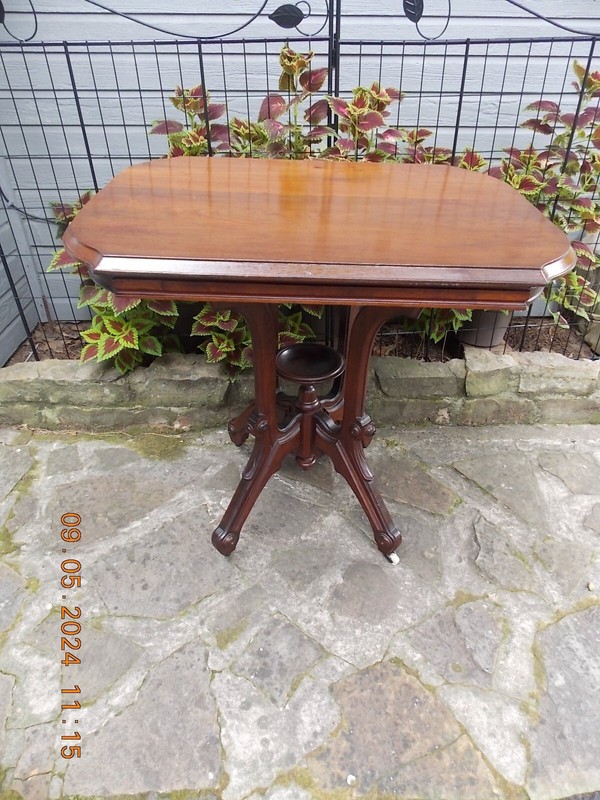 Older Victorian Era Walnut & Mahogany Center Window Lamp Table 30 3/8 X 22 1/4 gallery