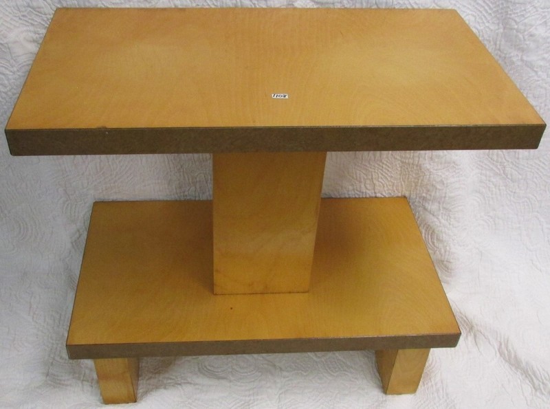 Vintage Unusual MCM Blonde Formica Edge Two Tier Side Table Square Post Column