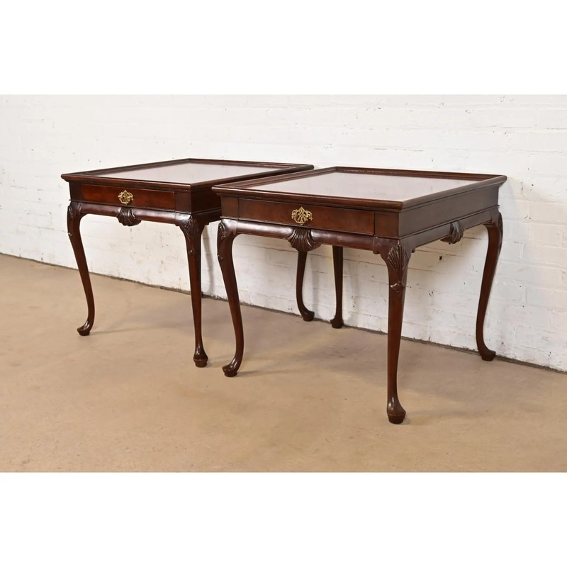 Baker Furniture Queen Anne Walnut and Burl Wood Nightstands or End Tables, Pair
