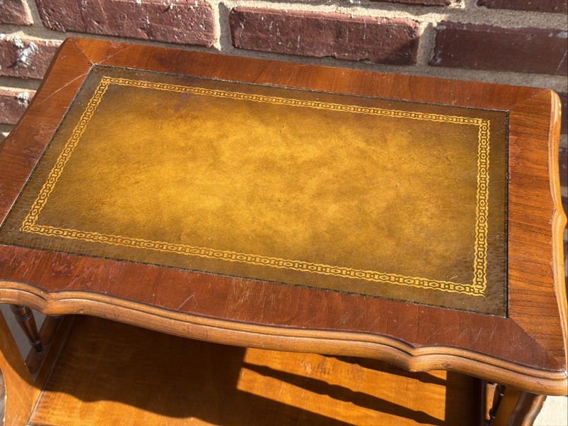 PAIR Step-Back Tooled Leather Top ANTIQUE Side End Tables gallery