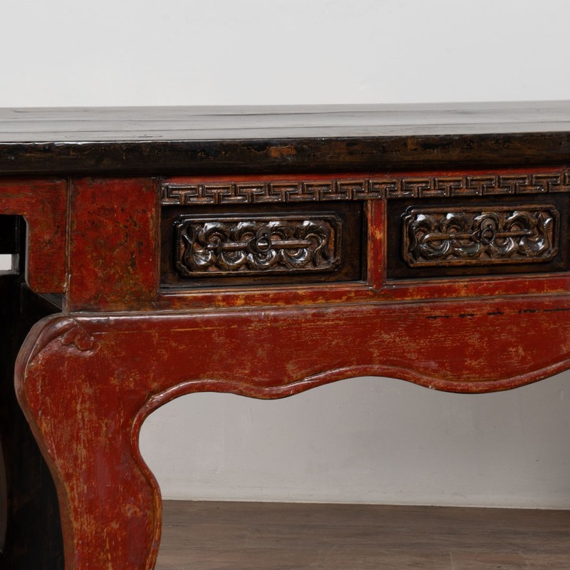 19th Century Chinese Red Altar Console Table with Carved Drawers gallery