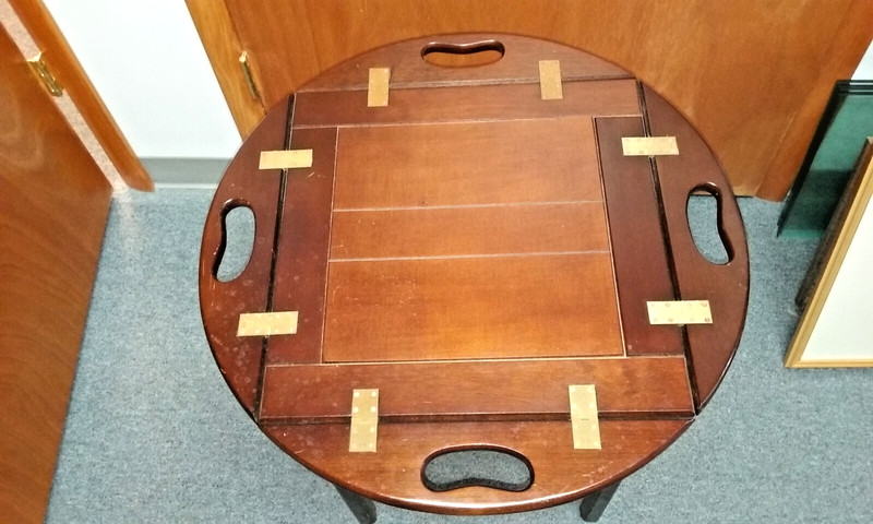 vtg Wood Serving Side Table w Folding Edges, Lift Off Top, Brass Hinges & Legs gallery