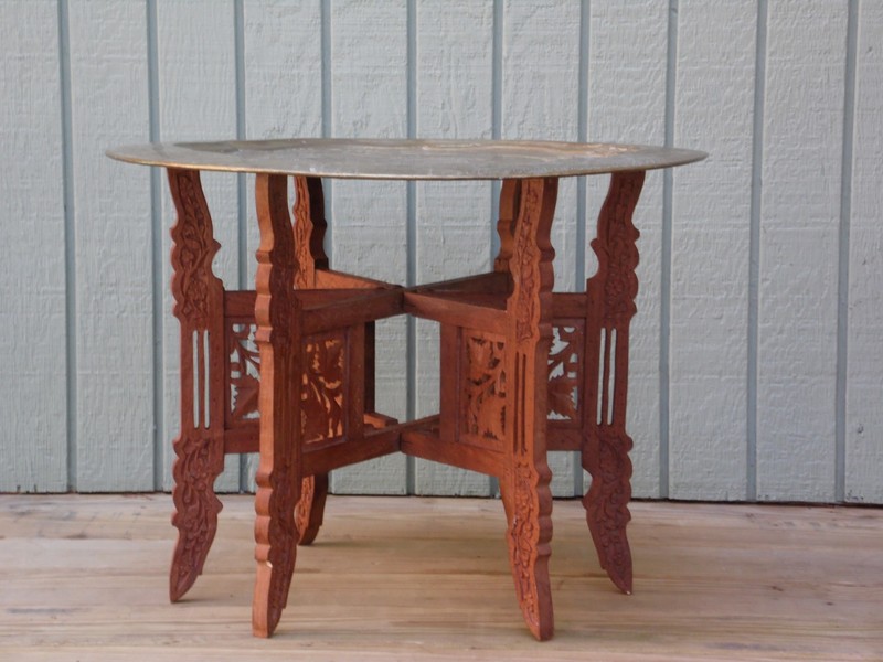 Vintage Middle Eastern Carved Teak & Engraved Brass Tray Top Folding Table gallery
