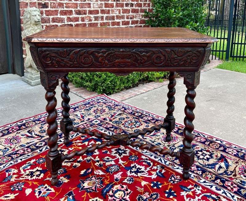 Antique French Parlor Table BARLEY TWIST Renaissance Revival CHERUBS Oak 19thC gallery