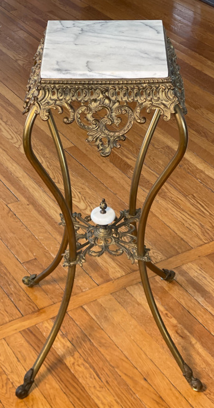Antique Victorian Brass & Marble Ornate Pedestal Parlor Plant Stand Table Tiered