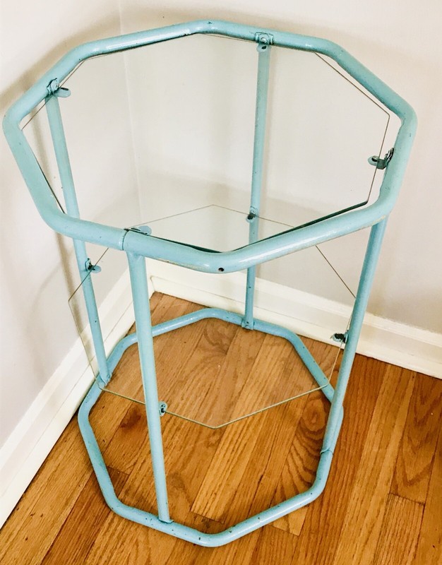 Vintage 1950s Side Table Blue Metal Glass 2 Tier Octagon gallery