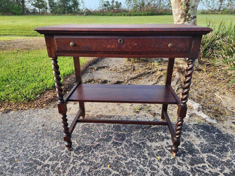 Ewardian Barley Twist Oak side / serving table on custers c.1900