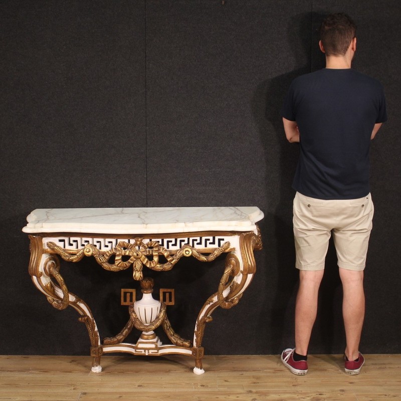Console lacquered gilded wood marble 20th century furniture style Louis XV 900 gallery