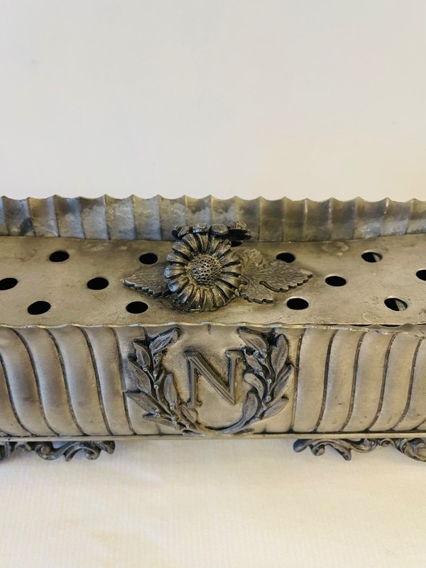 Antique Italian Pewter Pique-Fleurs Crowned N Floral Centerpiece Table Decor 19C gallery