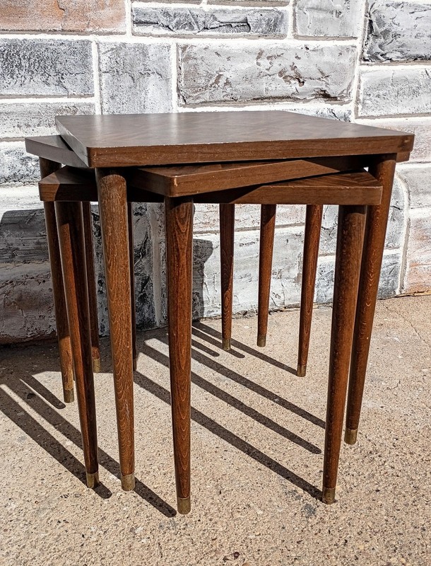3 Vintage Mid Century Inlaid Look Woodgrain Laminate Stacking Nesting End Tables gallery