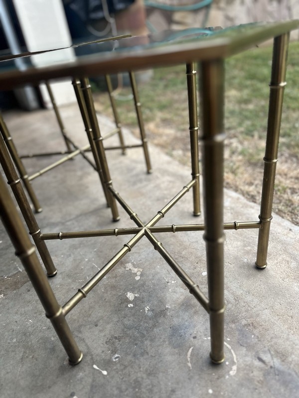 Vintage Hexagonal Brass Glass Side Tables Pair Hollywood Regency 18x18x16in gallery