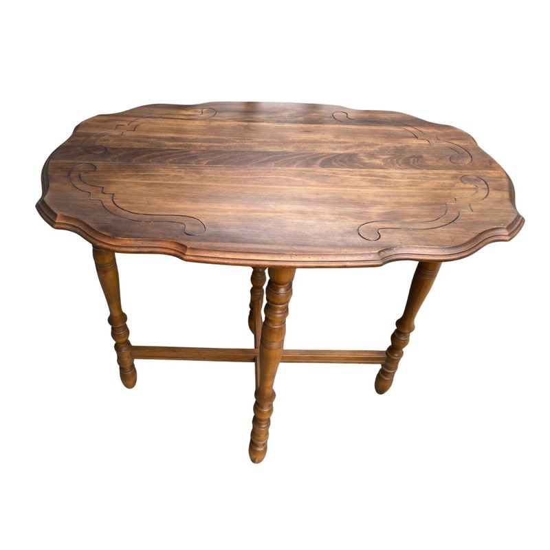 VTG Oval Solid Wood Parlor Sofa Table Carved Top w/ Ornate Spindle Legs gallery