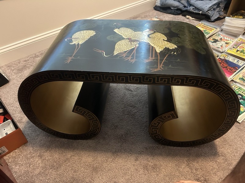 Karl Springer Style Cranes Art Motif Coffee Table.