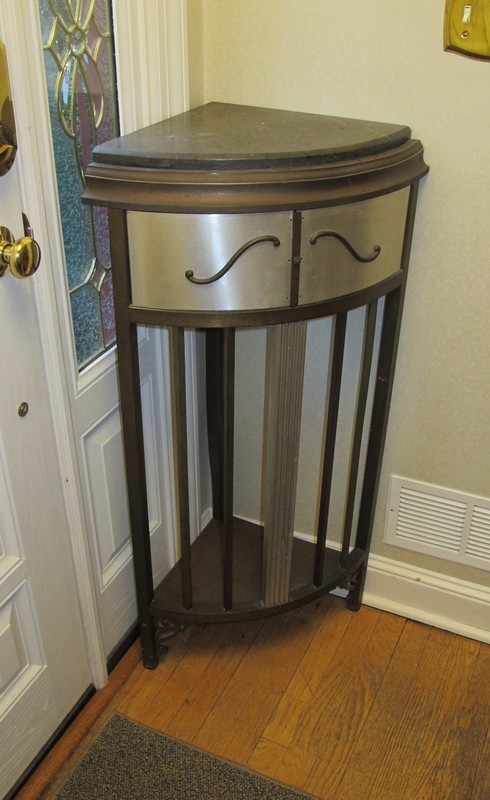 antique brass or bronze corner table pedestal - slate (or stone ?) top gallery