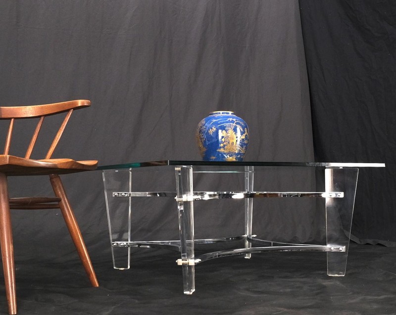 Charles Hollis Jones Lucite Chrome Square Glass Top Coffee Center Table gallery