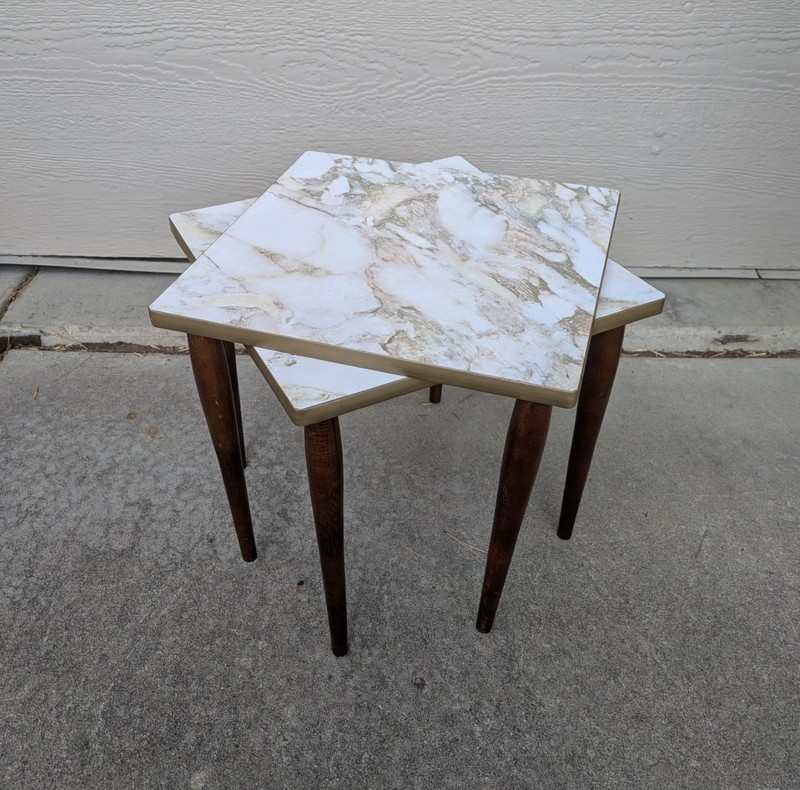 Vintage Pair of Mid Century Modern Square Faux Marble Formica Side Tables W27 gallery