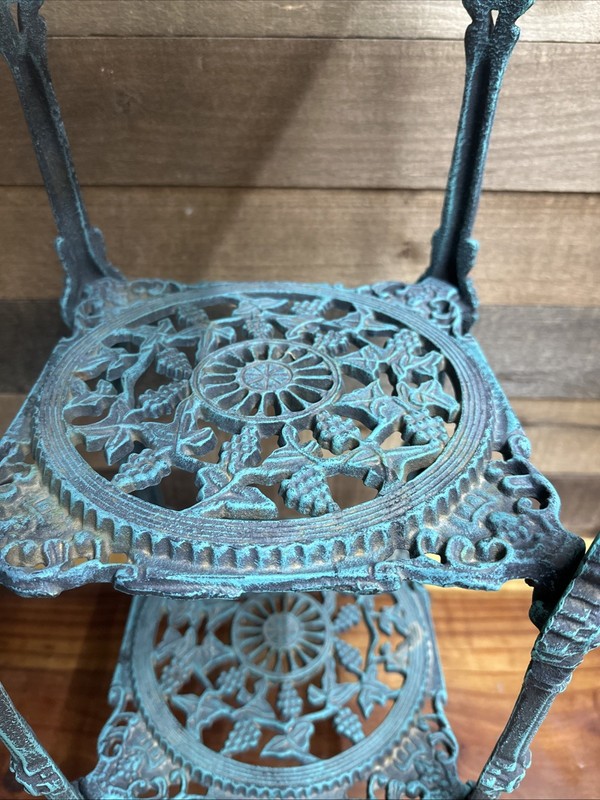 Vintage Verdigris Cast Iron 3 Tier Ornate Filigree table Renaissance Very Heavy gallery