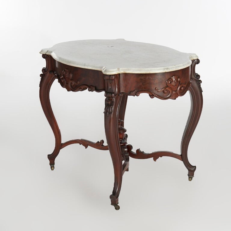 Antique Rococo Flame Mahogany & Marble Turtle Top Parlor Table Circa 1880 gallery