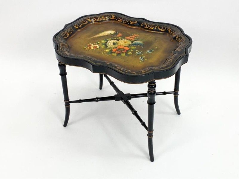 19th Century Hand Painted Tole Tray Top and Bamboo Base Coffee Table gallery