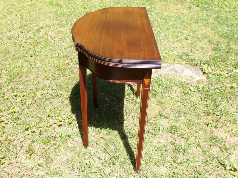 Antique Federal Style Inlaid Mahogany Game Card Table Demilune Console Table gallery