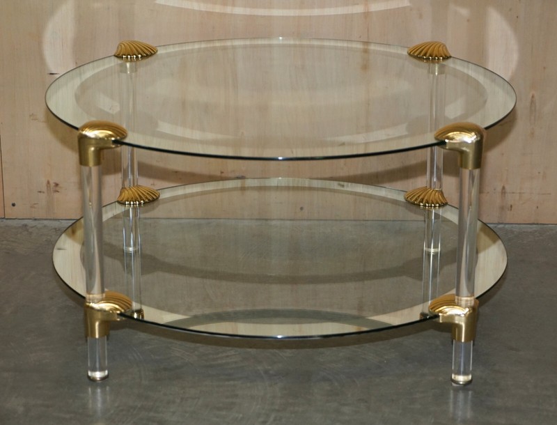 MID CENTURY MODERN BRASS & SILVERED GLASS SHELL MOUNTED TWO TIER COFFEE TABLE gallery